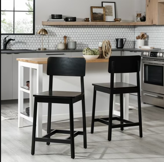 Walker Edison 2-Piece Minimalist Solid Wood Counter Stool – Set of 2 – Black