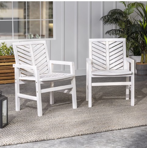 Walker Edison Modern Slatted Outdoor Patio Chair, Set of 2, White Wash