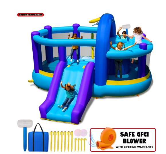 Sportspower Inflatable Bounce House with Slide & Whack-A-Play Game – 550W Blower Included