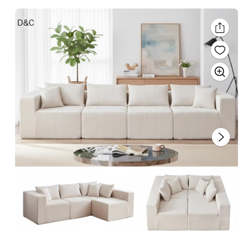 Xiweot 104” Modular Sectional Sofa, 4 Piece L Shaped Sectional Sofa & Floor Couch, Corduroy Foam Filled Compressed Sectional Couch for Living Room, Bedroom (Beige)