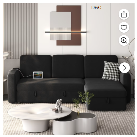 Alden Design Reversible Sectional Sofa with USB & Type-C Ports for Livingroom, Black