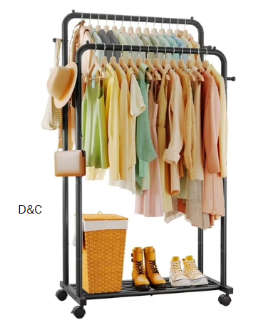 Sakugi Clothes Rack, Double-Rod Garment Rack with Hooks & Mesh Shlef, Versatile Clothing Racks for Hanging Clothes, Hats, Bags, Portable Hanger for Bedroom, Laundry, 32.7″×16″×59.1″, Black