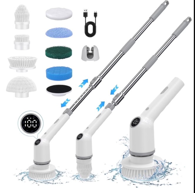 SZRSTH Electric Spin Scrubber, 450RPM Cordless Power Scrubber with Adjustable Handle 8 Heads Shower Cleaning Brush for Bathroom Floor