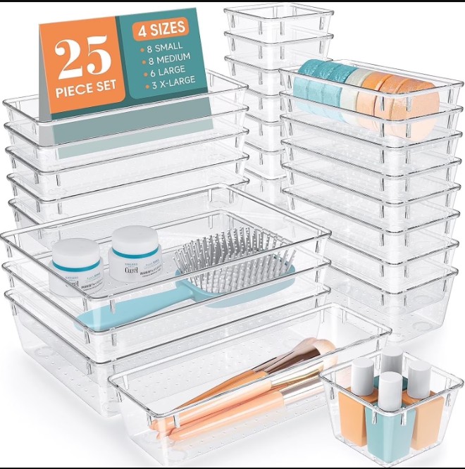 TAIMASI 25 Pcs Clear Plastic Drawer Organizer Set, 4 Sizes Desk Drawer Divider Organizers and Storage Bins for Makeup, Jewelry, Gadgets for Kitchen, Bedroom, Bathroom, Office