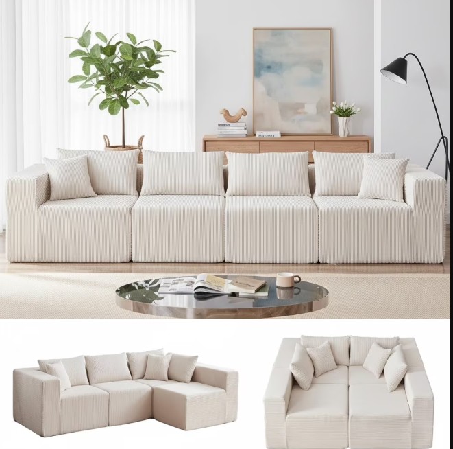 Xiweot 104” Modular Sectional Sofa, 4 Piece L Shaped Sectional Sofa & Floor Couch, Corduroy Foam Filled Compressed Sectional Couch for Living Room, Bedroom (Beige)