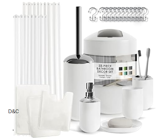 Clara Clark Bathroom Set – White Bathroom Accessories Set, Bathroom Sets with Shower Curtain and Rugs, 23PC Shower Curtain Set with Liner, Soap Dispenser, Soap Dish, Toilet Brush Holder, and Trash Can