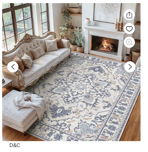 Gianna 9×12 FT Large Polyester Area Rug for Living Room, Machine Washable Low-Pile Rug with Non-Slip Backing, Durable Edge Binding for Bedroom, Dining Room, Christmas Rug, Vintage Style, Blue