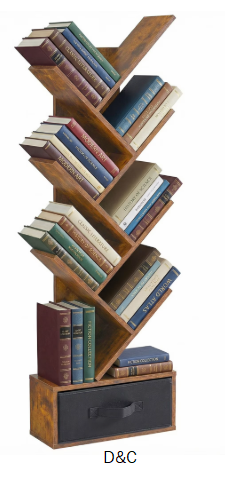 Gianna 7-Tier Tree Bookshelf, Narrow Wood Bookcase with Drawer for Small Spaces, Rustic Brown