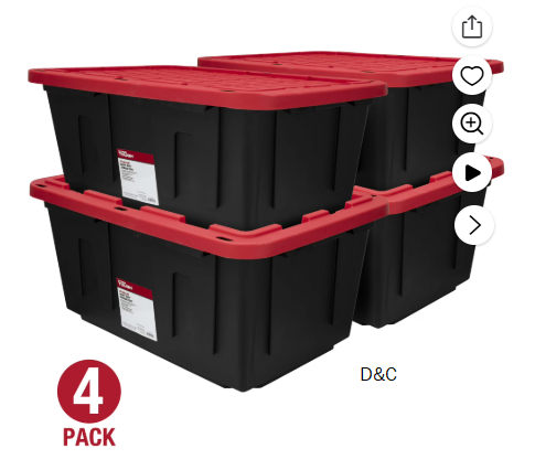 (Pack of 4) Hyper Tough 27 Gallon Large Storage Bin with Snap Lid, Black and Red, Heavy Duty Plastic Storage Container