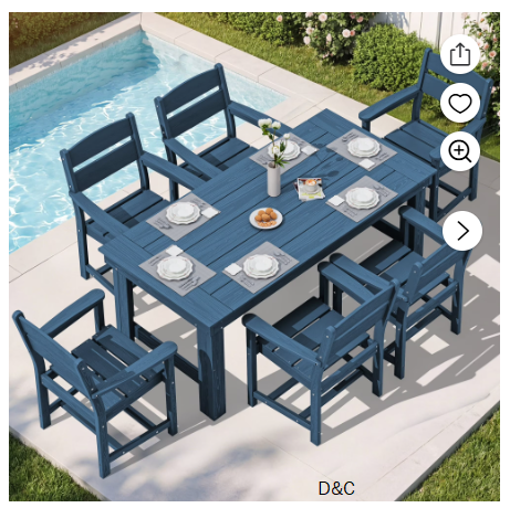 SERWALL 7-Piece HDPE Outdoor Dining Table Set, All-Weather 67-Inch Patio Table and 6 Classic Chairs for Deck, Lawn or Garden, Blue