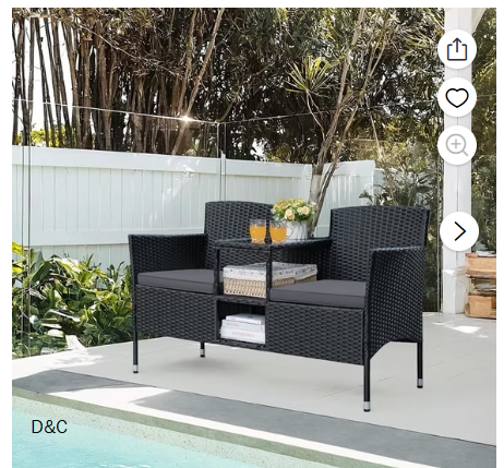 Vineego Outdoor Patio Loveseat Black Wicker 2-Seat Patio Conversation Set with Cushions & Center Storage Table，Gray