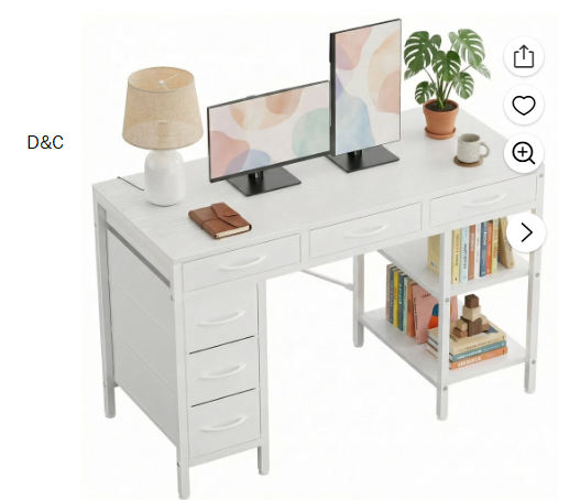 CONCETTA 55 inch Computer Desk with 6 Drawers & 2 Open Shelves, Modern Home Office Desk with Storage, Writing Study Desk for Bedroom, Workspace，White