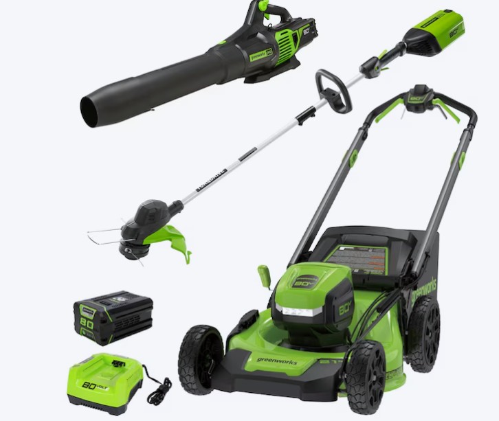 Greenworks PRO 80-volt Cordless Battery String Trimmer and Leaf Blower and Lawn Mower and Combo Kit 4 Ah (Battery Included) (Charger Included)