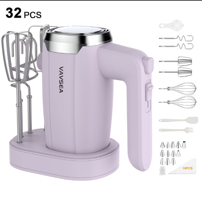 VAVSEA Electric Hand Mixer with 32 Attachments, Includes 2 Whisk, 2 Dough Hooks, 2 Beater, Cake Decorating, 500W Handheld Mixer for kitchen, Baking, Blending, Purple