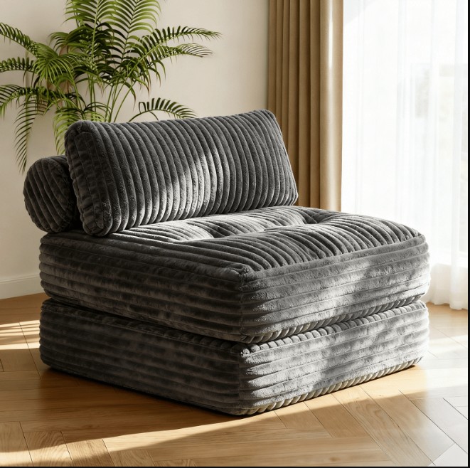Neche Single Corduroy Convertible Sleeper Sofa – Folding, Pillow Included, Back Support, Portable for Living Room & Bedroom, Gray