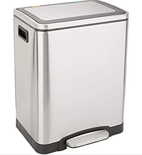 Amazon Basics 30L Dual Bin Soft-Close Trash can with Foot Pedal – 2 x 15 Liter Bins, Stainless Steel, Small Inner bins, Suitable for 1 or 2 People