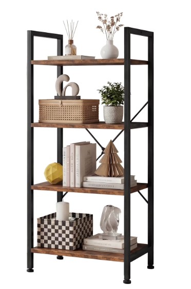 EDX Bookcase, 4 Tier Book Shelf, Storage Shelf, Classic Modern Bookcase for CDs, Movies, Books, Industrial Bookcase for Home Office, Living Room, Kitchen, Bedroom, Rust Brown