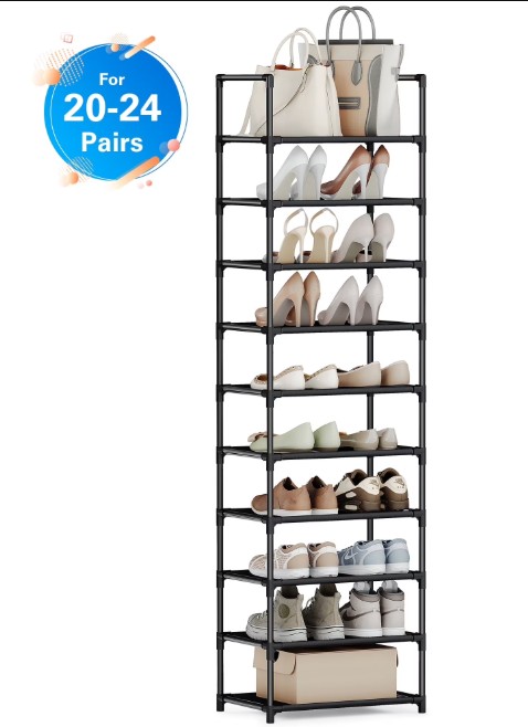 10-Tier Narrow Shoe Rack, Bug Hull Shoe Organizer with Non-Woven Shelves, Space-Saving Shoe Tower, Black