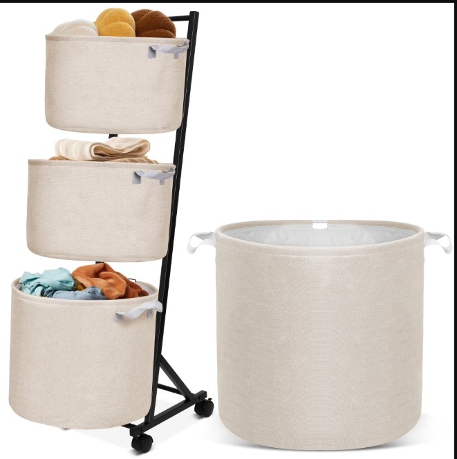 YOUPINS 3-Tier Laundry Hamper Sorter,Laundry Storage Organizer with Wheels Removable Rolling Laundry Baskets for Home,Bathroom,Dorm Laundry Room,Beige