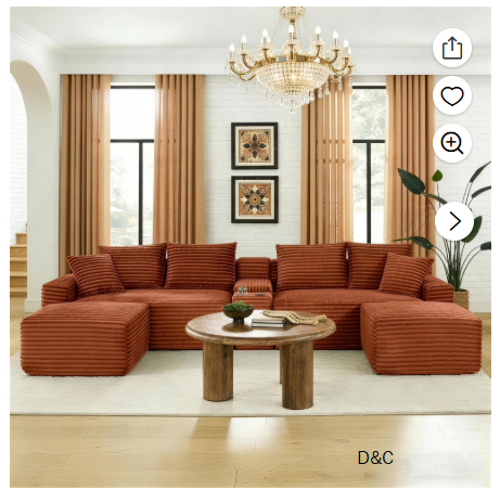 Aukfa 127″ U Shaped Cloud Sectional Sofa Modular Boneless Couch with USB&Cupholdes Storage Console for Living Room, Corduroy, Orange