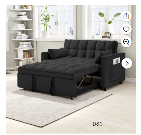 Vinform 55″ 3 in 1 Convertible Sleeper Sofa Bed, Pull Out Loveseat Couch with Storage Pocket, Black