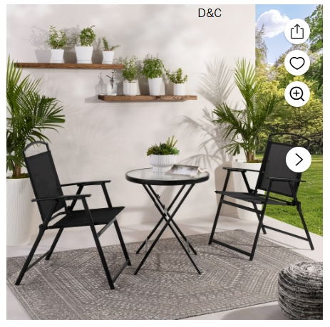 Mainstays Albany Lane 3-Piece Outdoor Bistro Set, Folding Chairs & Glass Table, Black