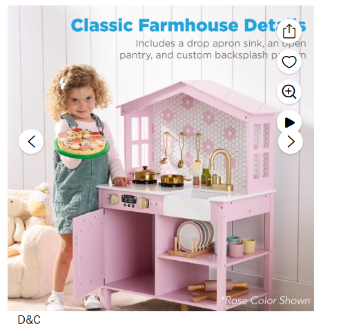 Best Choice Products Pretend Play Wooden Farmhouse Kitchen Set w/ Storage, Clicking Knobs, 5 Accessories – White/Black