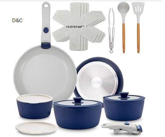 NutriChef 14-Piece Non-Stick Ceramic Cookware Set – Induction Safe Pots and Pans with Glass Lids, Cool-Touch Handles, Even Heat Distribution, Dishwasher Safe, Includes Ladle, Tong, Spatula (Pink)
