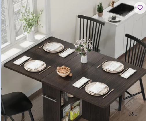 Folding Dining Table, Drop Leaf Dining Table With 6 Wheels And 2-Layer Storage Shelf