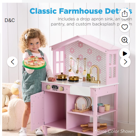 Best Choice Products Pretend Play Wooden Farmhouse Kitchen Set w/ Storage, Clicking Knobs, 5 Accessories – White/Black