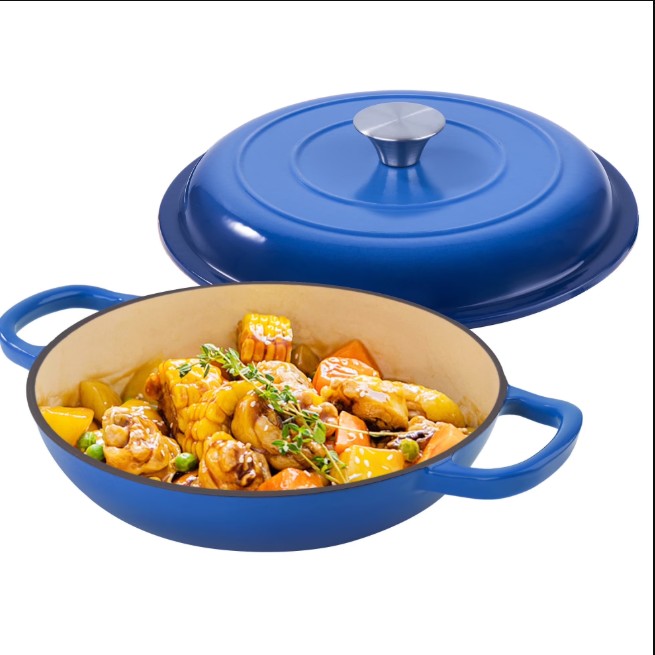 Hawsaiy 3 Quart Enameled Shallow Cast Iron Dutch Oven with Lid, Dual Handles Dutch Pots for Cooking, Stewing, Heavy-Duty & Nonstick, Oven Safe up to 500° F, Works on All Stovetops, Dark Blue