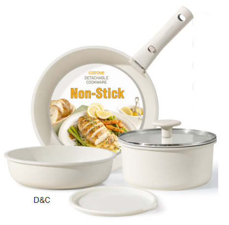 Carote 6 Pcs Nonstick Pots and Pans, Cookware Set with Detachable Handle, Oven Safe, Stackable Kitchen Cookware, White