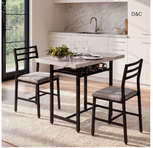 3-Piece Dining Table Set With Faux Marble Tabletop