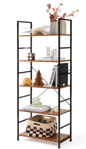 CONCETTA 5 Tier Bookshelf, Home Office Bookcase Shelf Storage Organizer, Modern Book Shelf for Bedroom/Living Room/Home Office, Rustic Brown