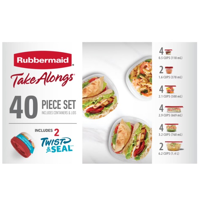 Rubbermaid TakeAlongs 40 Piece Food Storage Set, Red, Total of 12.6 Qts