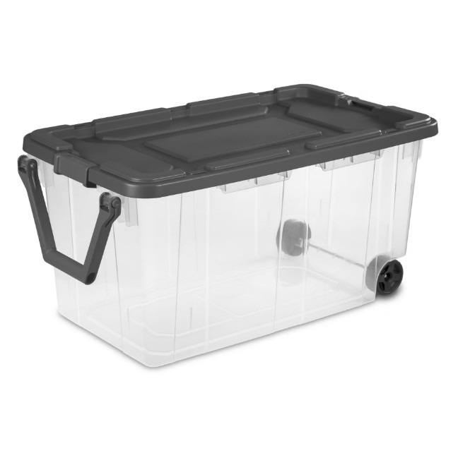 Sterilite 160 Quart Extra-Large Wheeled Storage Bin, Clear Storage Container with Latch Lid and Pull Handle, Durable, Dark Gray