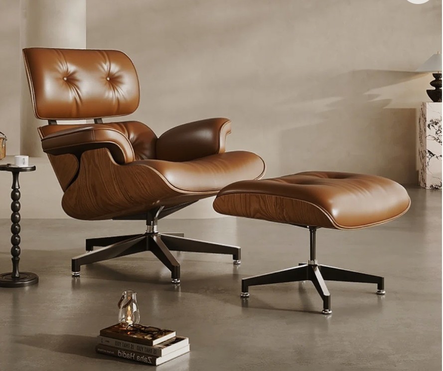 Mid Century Chaise Lounge Chair With Ottoman, Top Grain Leather, Modern Office Chair Classic Design, Heavy Duty Base Support For Living Room Study Lounge Office