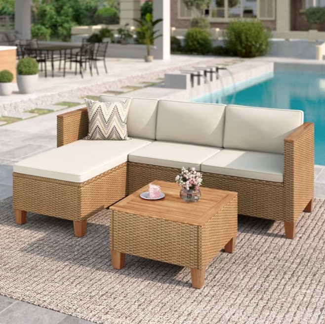 MF Studio 3-Piece Patio Furniture Conversation Set, Weather-Resistant Wicker Outdoor Sectional Sofa Set with Table & Cushions, Small Balcony & Porch Friendly