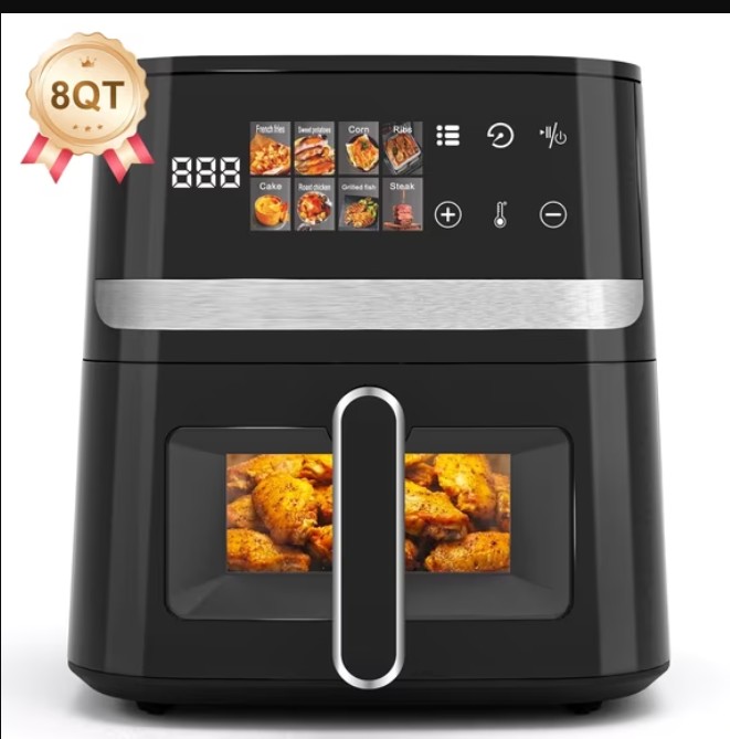 Bluebow 8QT Air Fryer, 8-in-1 Presets Electric Hot Oven with Digital LED Touchscreen, Non-stick Dishwasher-Safe Basket, Easy View Window, Black