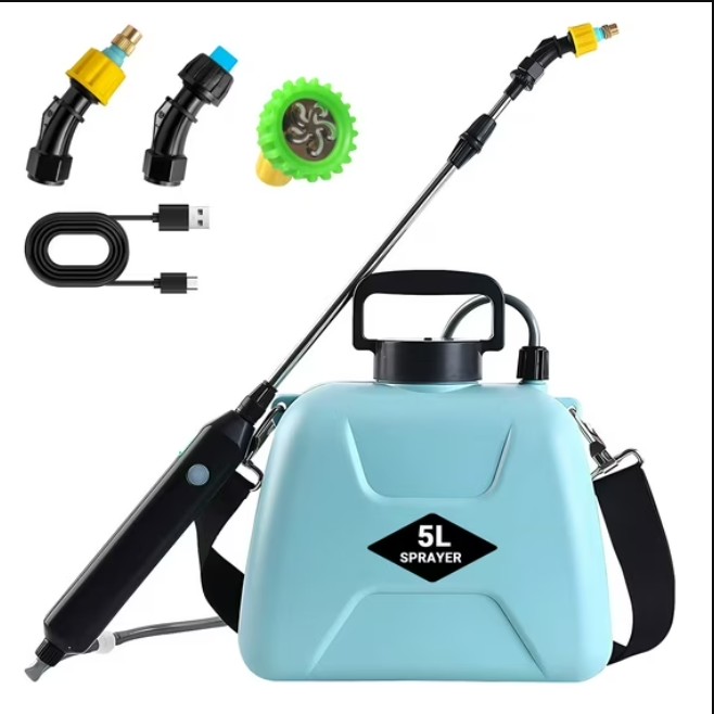 FOUKUS Battery Powered Sprayer: 1.35 Gallon/5L Electric Sprayer with USB Rechargeable Handle, Portable Garden Sprayer with 3 Mist Nozzles and Adjustable Shoulder Strap-Blue
