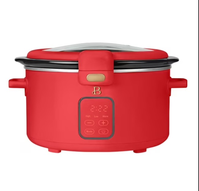 Beautiful 4 Qt Digital Slow Cooker with Hinged Locking Lid, Tomato Red by Drew Barrymore