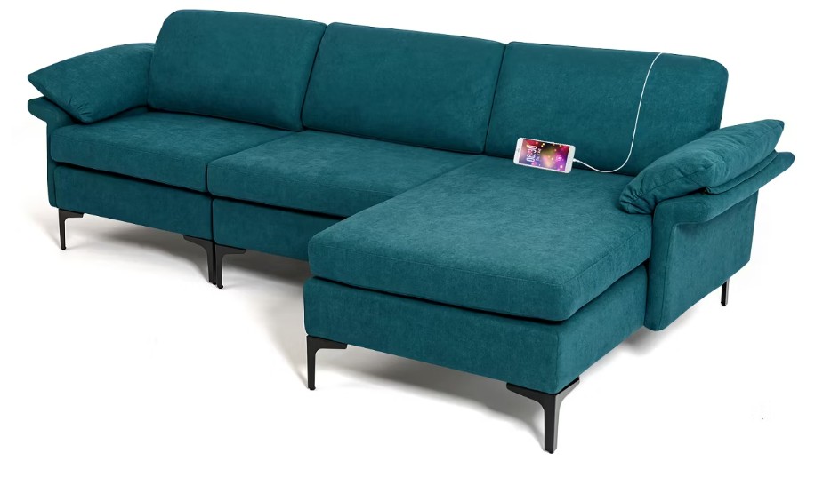 Costway L-shaped Modern Modular Sectional Sofa w/ Reversible Chaise & 2 USB Ports Blue