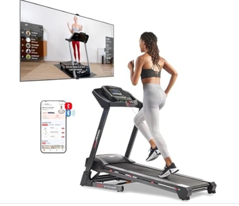 Sunny Health & Fitness Premium Smart Treadmill with Auto Incline, Dedicated Speed Buttons, Double Deck Technology, Digital Performance Display, BMI Calculator and Pulse Sensors – SF-T7515SMART