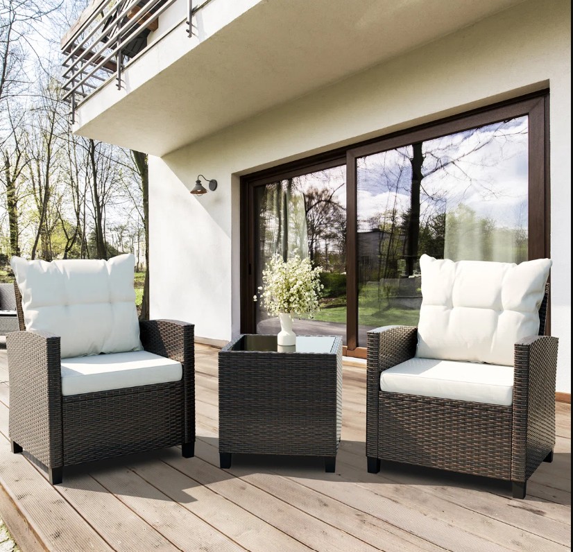 Arlayne 2-Person 3-Piece PE Wicker Patio Conversation Set with Cushions