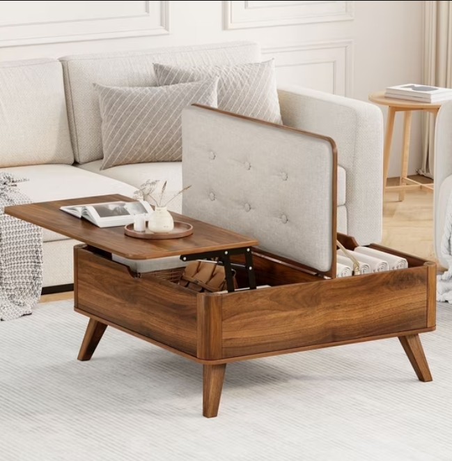 Flycity Large Square Lift-Top Coffee Table with Storage, 3 in 1 Multi-Function Convertible Ottoman Bench, Farmhouse Upholstered Coffee Table with Wooden Legs for Living Room & Bedroom (Brown)
