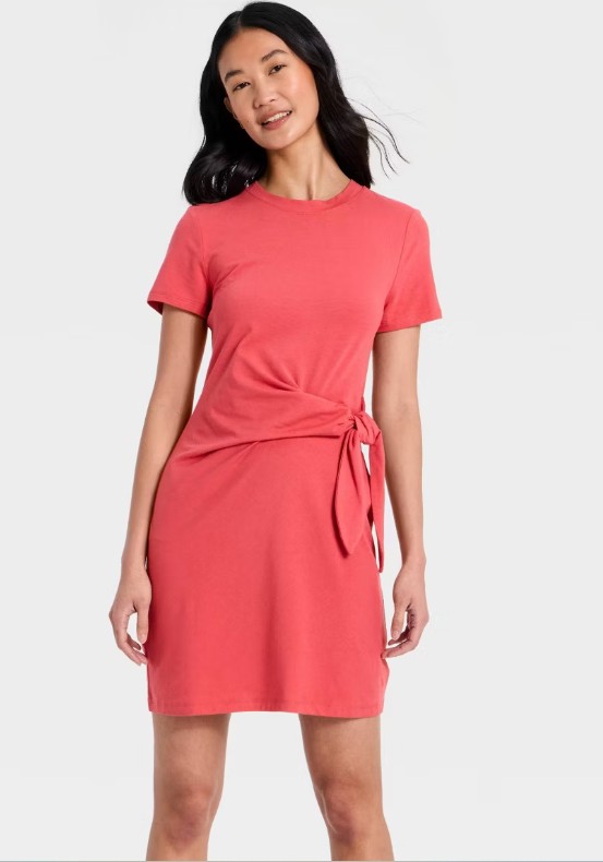 Women’s Short Sleeve Tie-Front Knit Mini Dress – A New Day™ Berry Red XS