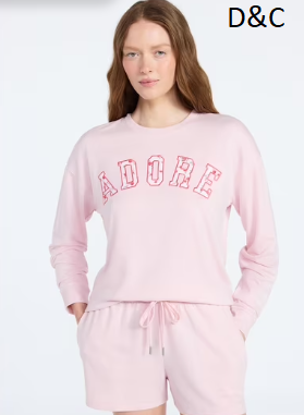 Joyspun Women’s French Terry Long Sleeve Top and Shorts Lounge Set, 2-Piece, Sizes XS-3X