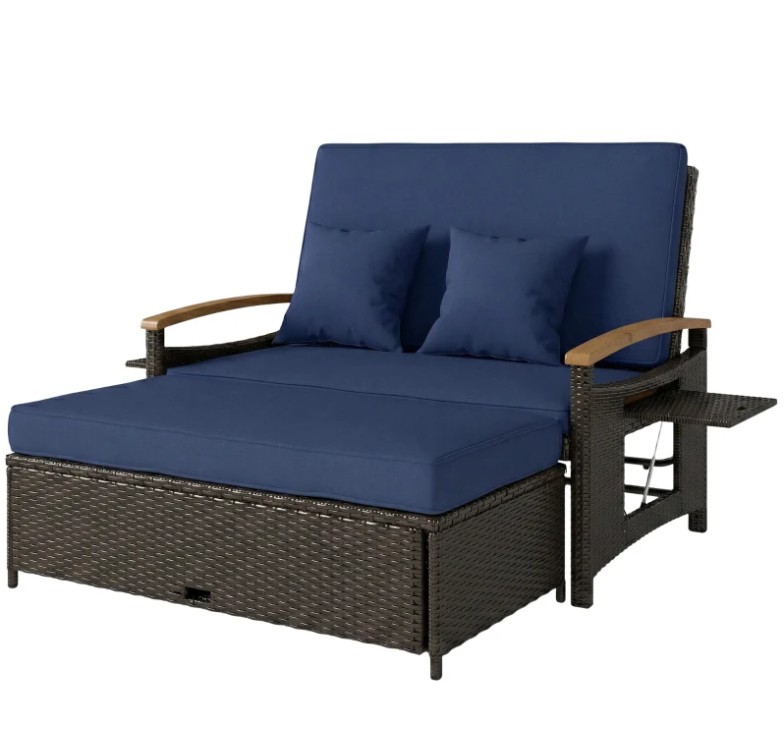 Outsunny Rattan Outdoor Daybed w/4-Level Adjustable Backrest, Patio Sofa Bed w/Storage Ottoman, Acacia Wood Armrest, Navy Blue