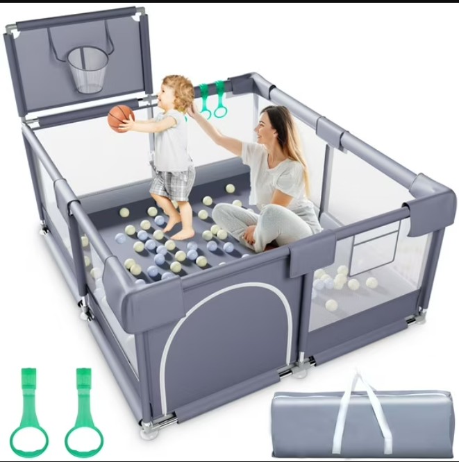Babyeap Baby Playpen, Play Yard, Toddlers Playards, 50″x50″ Infant Travel Fence with Basket, Gray