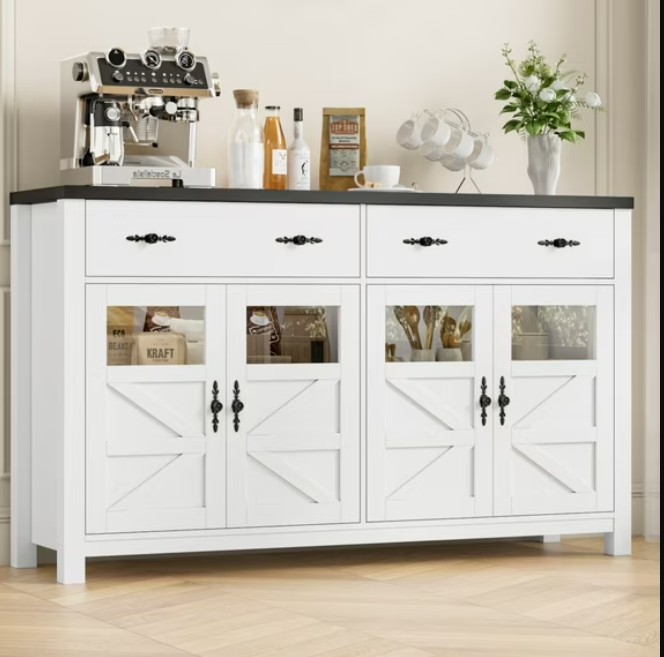 Homfa 55.1″ Farmhouse Buffet Cabinet with Storage Drawer & Adjustable shelf, Kitchen Storage Cabinet with 4 Glass Door, Large Wood Sideboard Credenza for Dining Room, White & Black